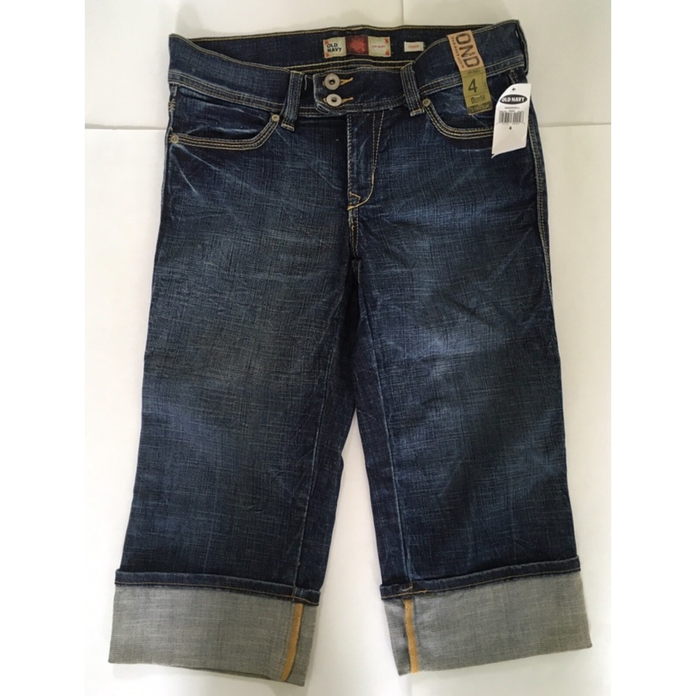 NWT Old Navy Jeans Womens Sz 4 Low Waist Capri Blue Denim Stretch Cuffed Cropped